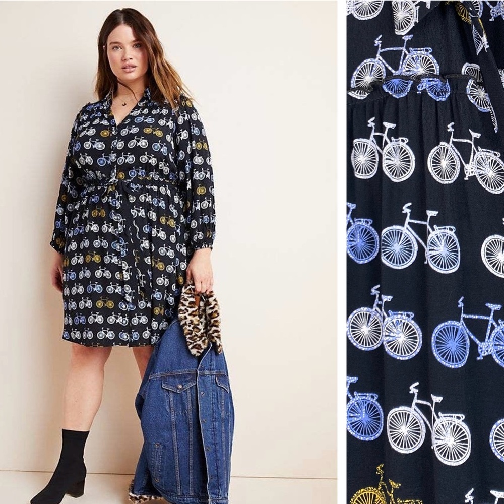 Anthropologie Black Mini Dress with White, Blue & Yellow Bicycle Motif